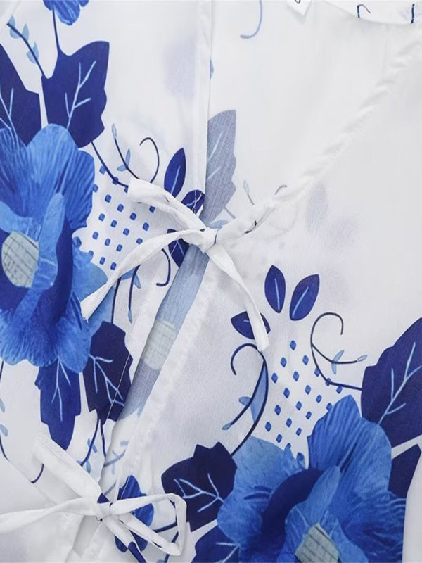 Kvinders Crop Top V-Hals Blomsterprint Med Sløjfe Detalje Hør