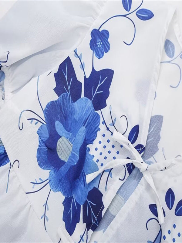 Kvinders Crop Top V-Hals Blomsterprint Med Sløjfe Detalje Hør