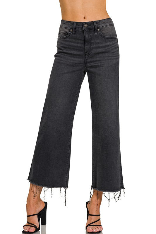 Kvinders Cropped Jeans Høj Talje Vasket Sort
