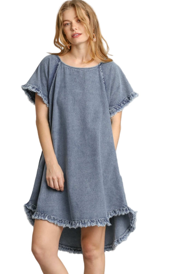 Kvinders Denim Kjole med Frynser