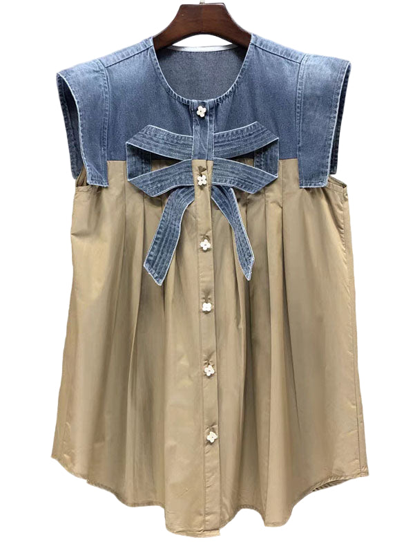 Kvinders Denim Top med Sløjfe og Patchwork