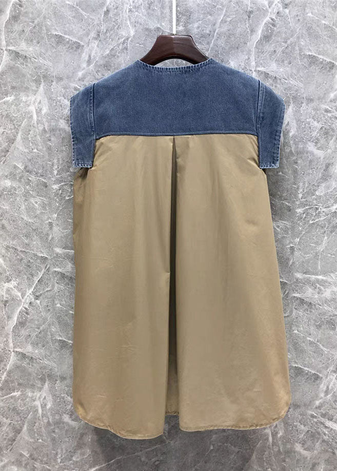 Kvinders Denim Top med Sløjfe og Patchwork