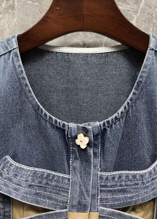 Kvinders Denim Top med Sløjfe og Patchwork