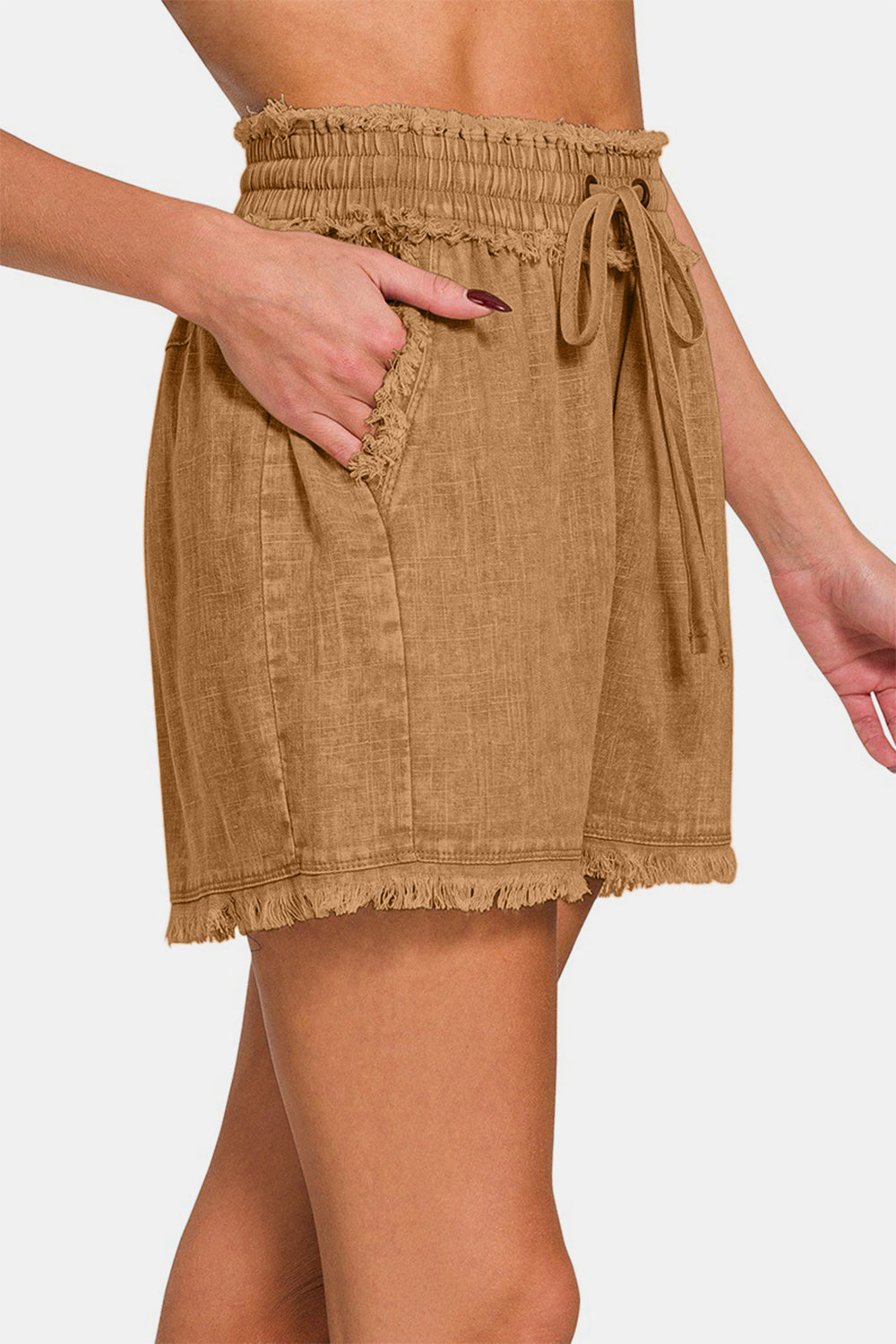 Kvinders Drawstring Shorts Frayed Hem Vasket Linned