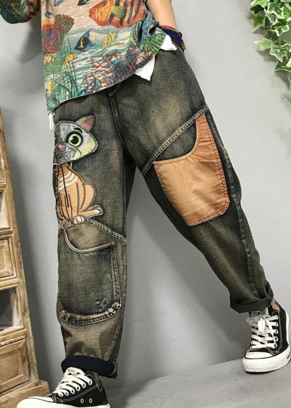 Kvinders Harem Jeans med Kat Broderi