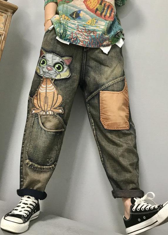 Kvinders Harem Jeans med Kat Broderi