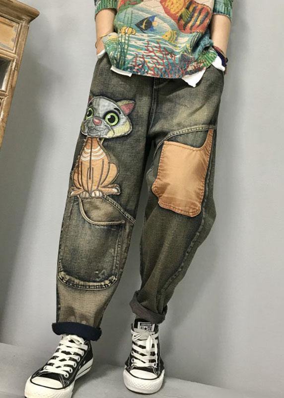 Kvinders Harem Jeans med Kat Broderi
