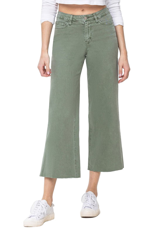 Kvinders Høj Talje Bred Ben Jeans Army Green