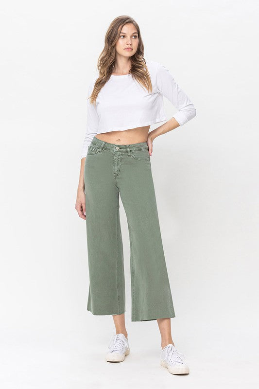 Kvinders Høj Talje Bred Ben Jeans Army Green