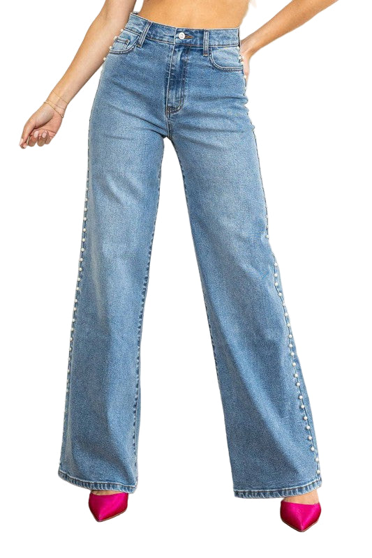 Kvinders Høj Talje Bred Ben Jeans i Medium Stone