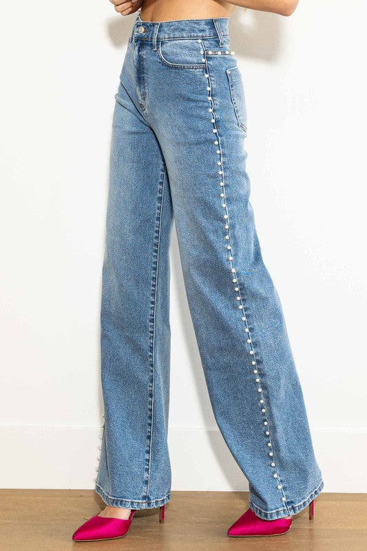 Kvinders Høj Talje Bred Ben Jeans i Medium Stone