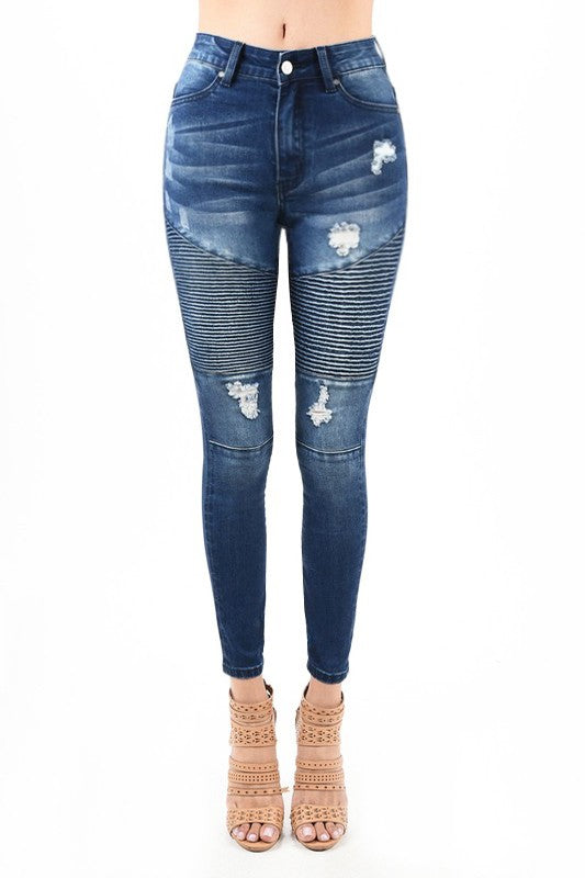 Kvinders Høj Talje Skinny Jeans Moto Denim