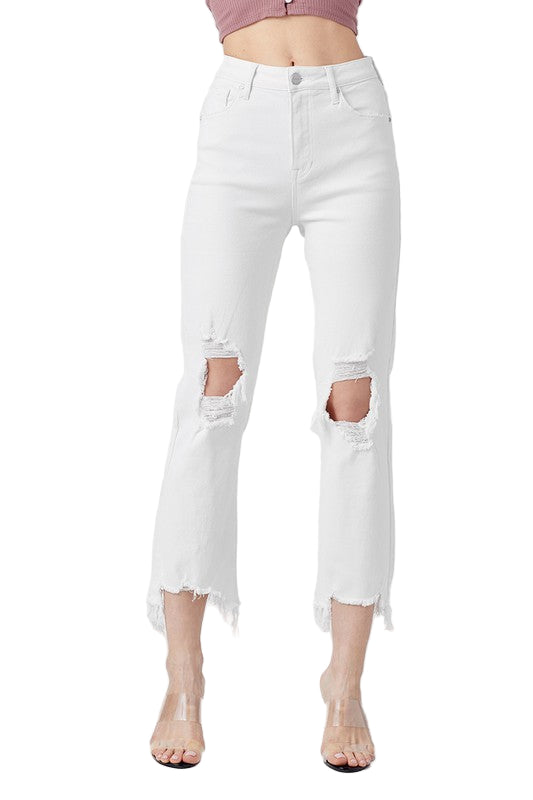 Kvinders Høj Talje Straight Crop Jeans Denim Hvide Bukser