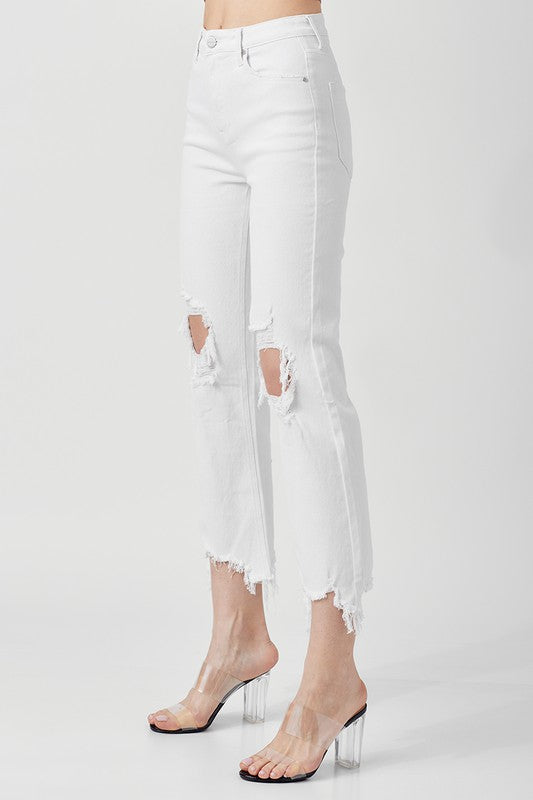 Kvinders Høj Talje Straight Crop Jeans Denim Hvide Bukser