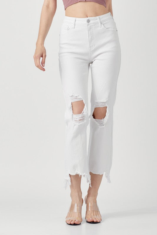 Kvinders Høj Talje Straight Crop Jeans Denim Hvide Bukser