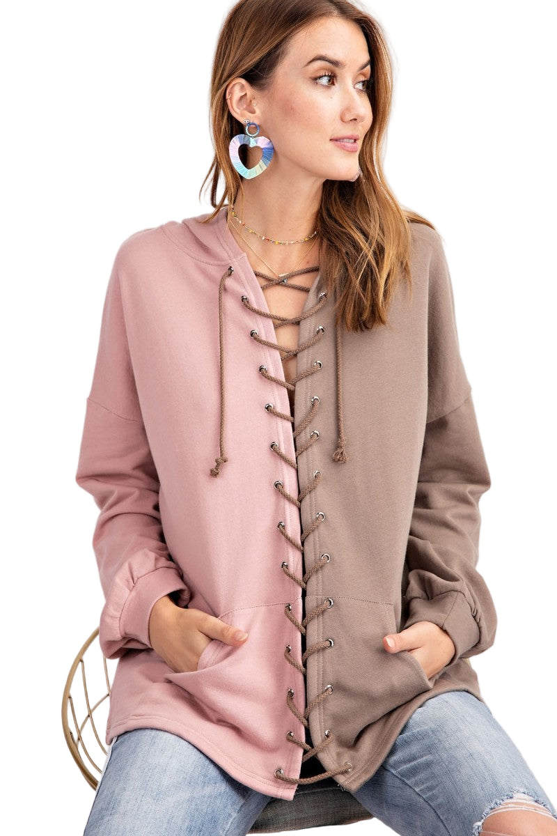 Kvinders Hoodie Farveblok Terry Strik Mocha