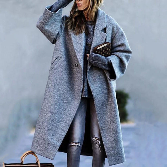 Kvinders Lang Frakke Uldblanding Oversized