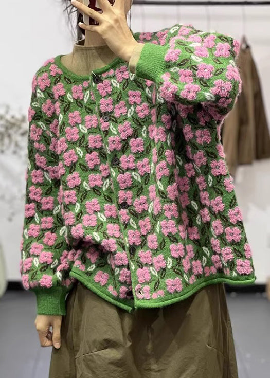 Kvinders Langærmet Blomstret O-hals Strik Frakke