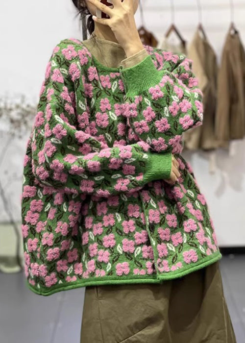 Kvinders Langærmet Blomstret O-hals Strik Frakke