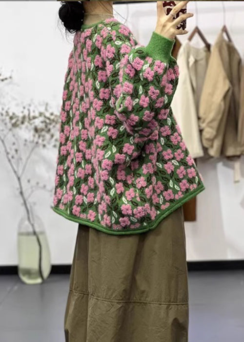 Kvinders Langærmet Blomstret O-hals Strik Frakke