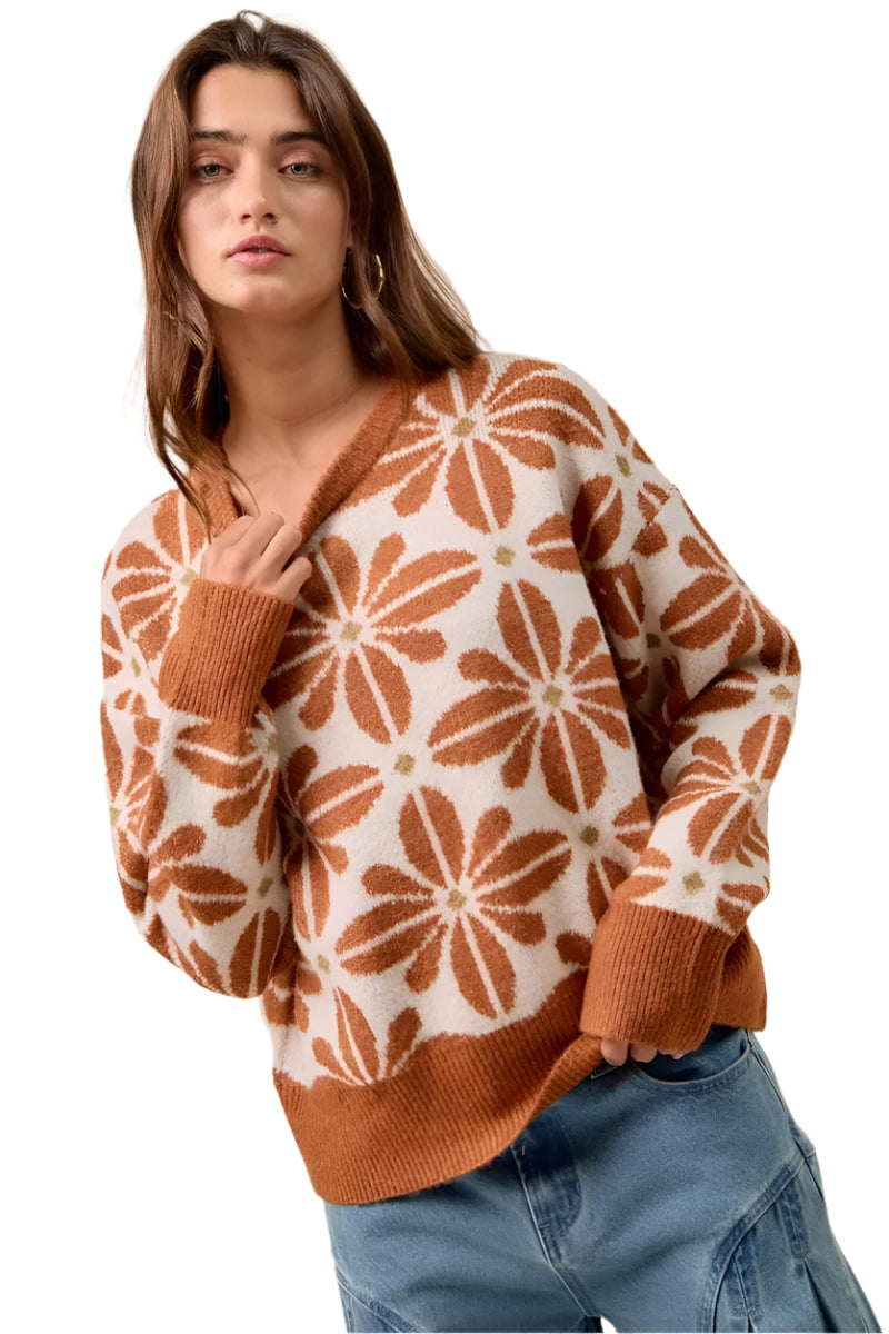 Kvinders Langærmet Sweater V-Hals Akrylmix Blomster Mønster