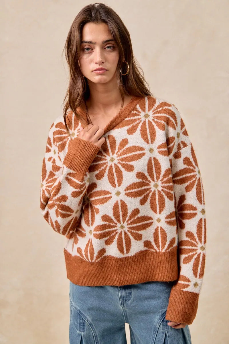 Kvinders Langærmet Sweater V-Hals Akrylmix Blomster Mønster