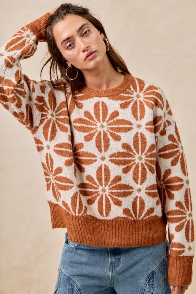 Kvinders Langærmet Sweater V-Hals Akrylmix Blomster Mønster