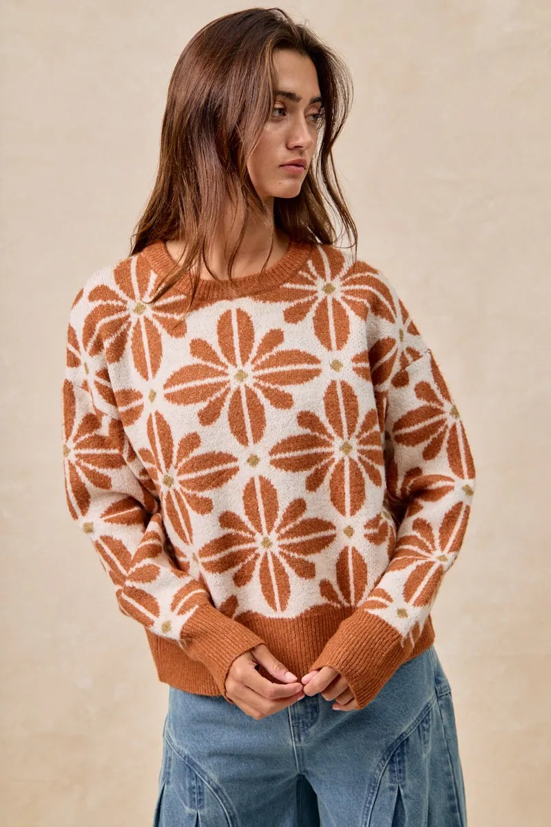 Kvinders Langærmet Sweater V-Hals Akrylmix Blomster Mønster