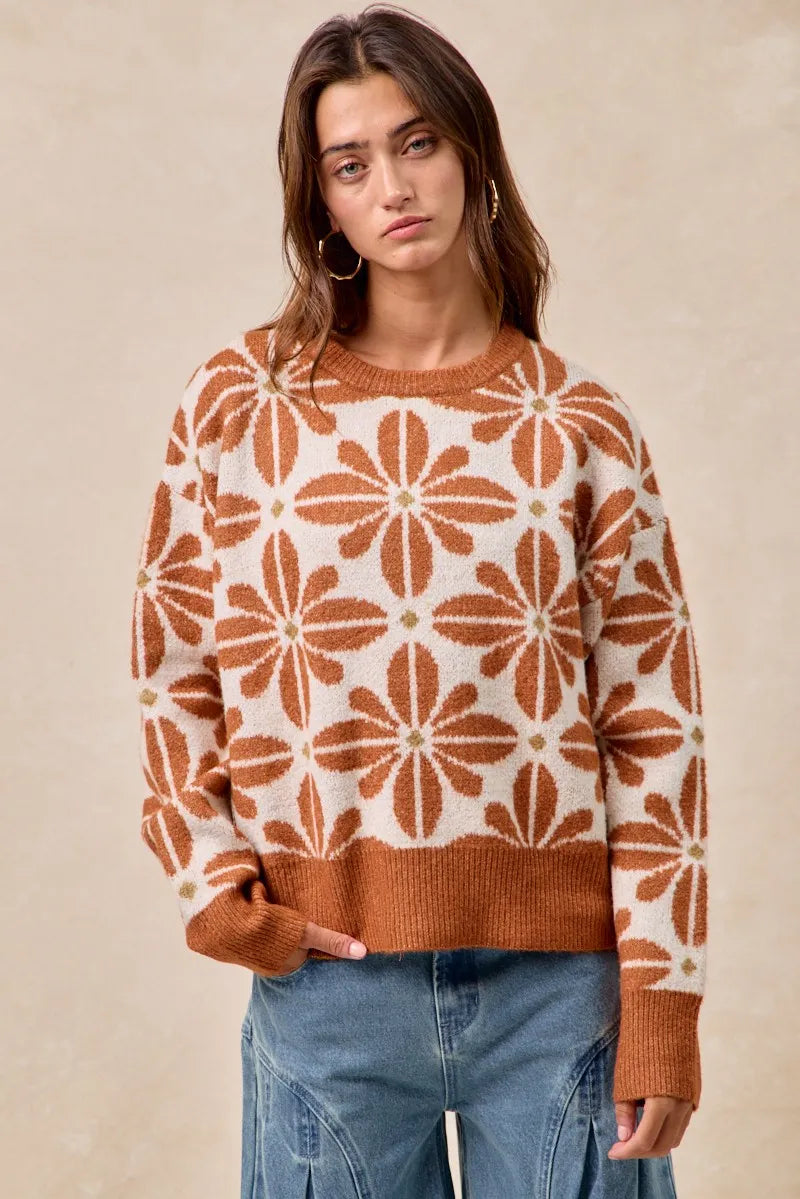 Kvinders Langærmet Sweater V-Hals Akrylmix Blomster Mønster