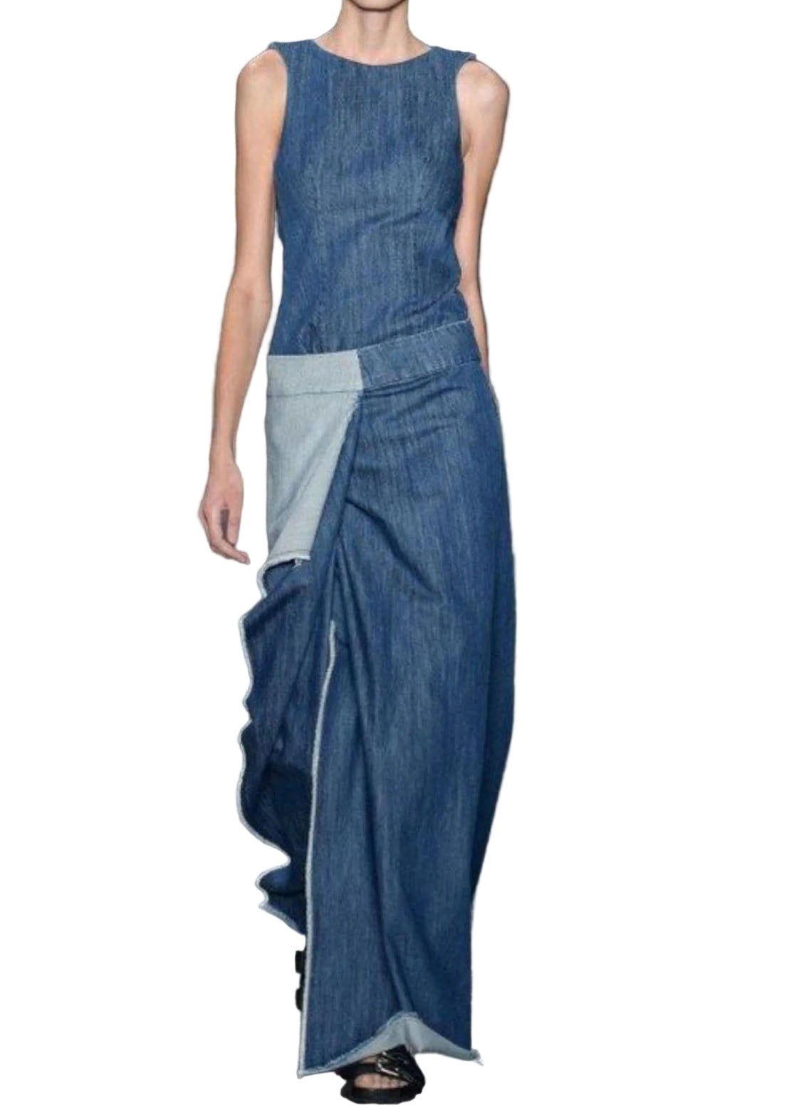 Kvinders Lange Denimkjole med Flæser