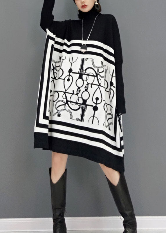 Kvinders Lange Kjole med Turtle Neck og Print