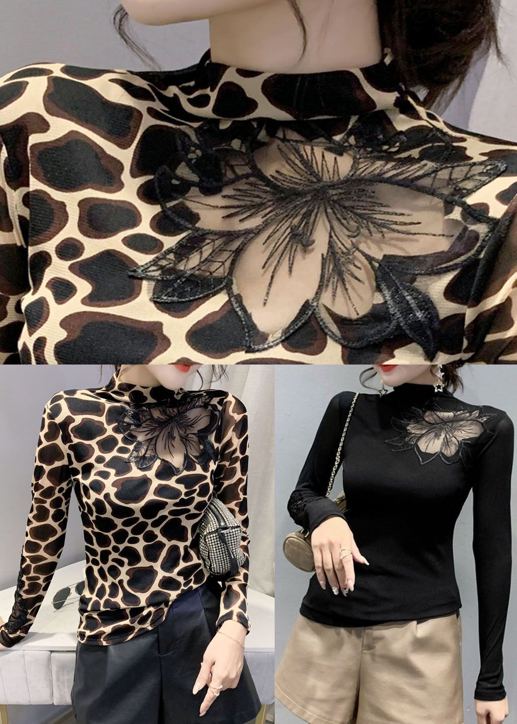 Kvinders Leopardprint Bluse med Udsnit
