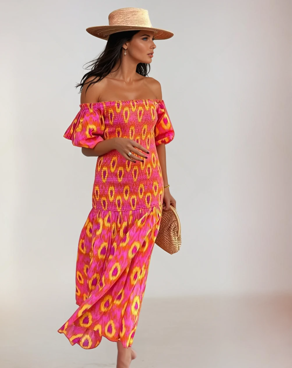 Kvinders Maxi Kjole Med Smocked Bodice Og Puffærmer