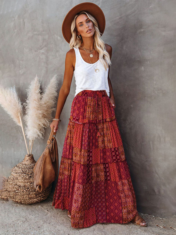 Kvinders Maxi Skirt Bohemian Høj Talje Løs