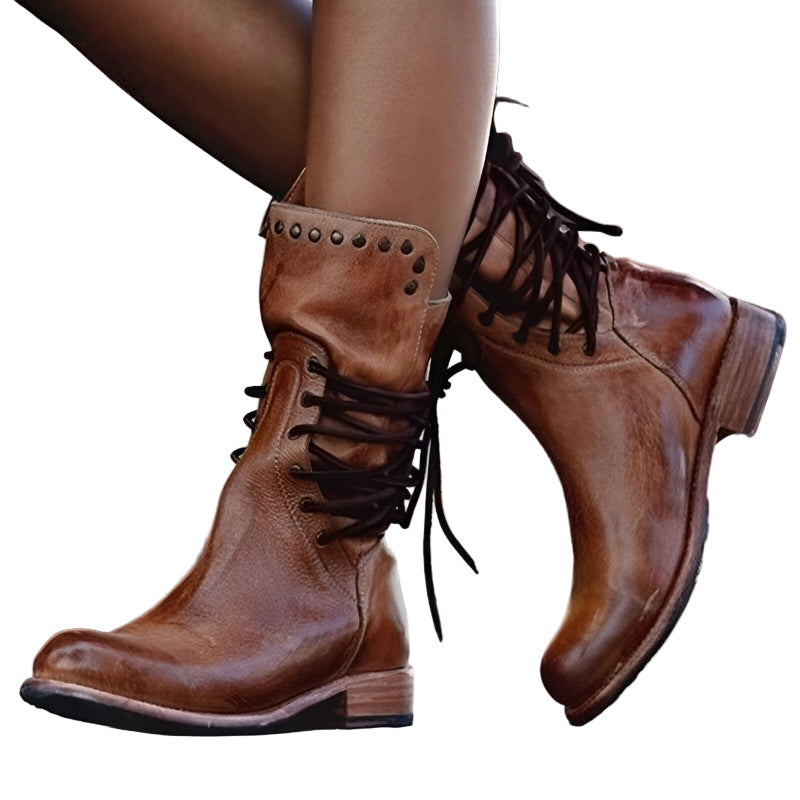 Kvinders Mid-Calf Støvler med Snørebånd og Stud-Detalje
