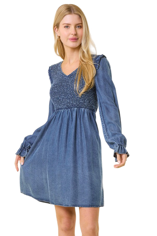 Kvinders Mini Kjole V-Hals Smocked Denim