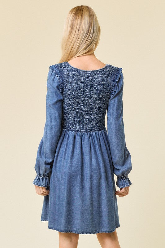 Kvinders Mini Kjole V-Hals Smocked Denim