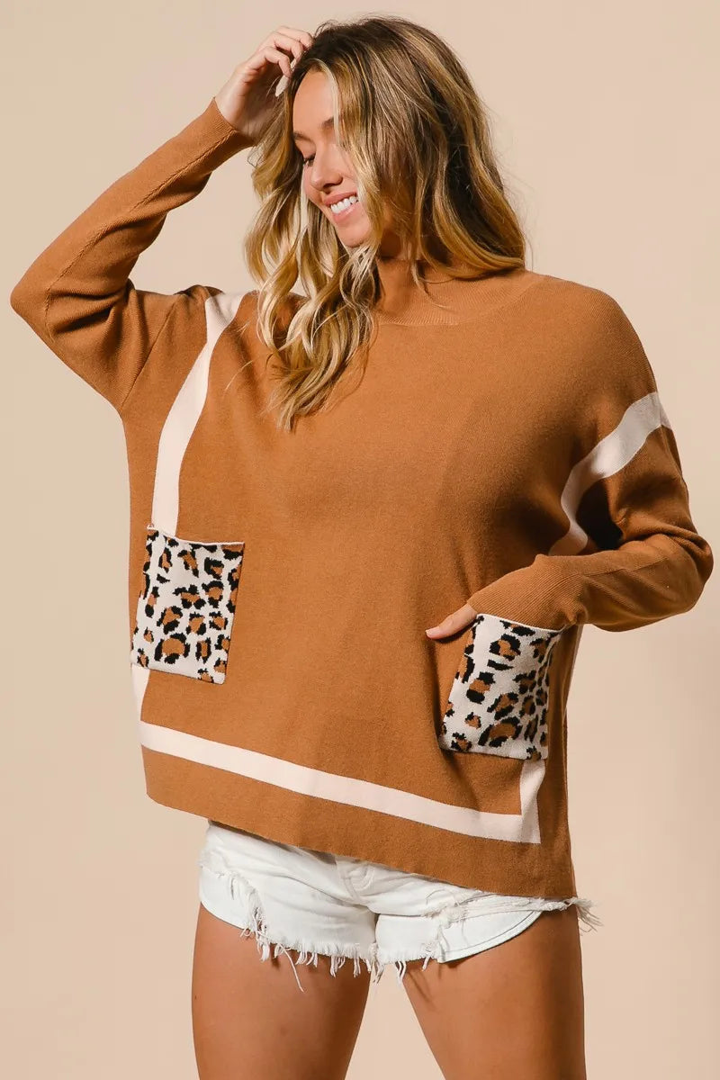 Kvinders Mock Neck Sweater med Leopard Lomme Rayon Nylon