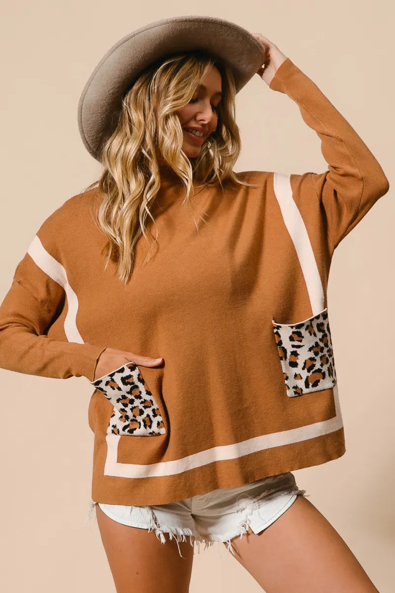 Kvinders Mock Neck Sweater med Leopard Lomme Rayon Nylon
