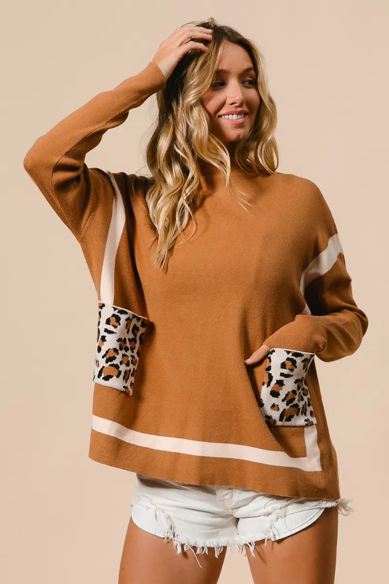 Kvinders Mock Neck Sweater med Leopard Lomme Rayon Nylon