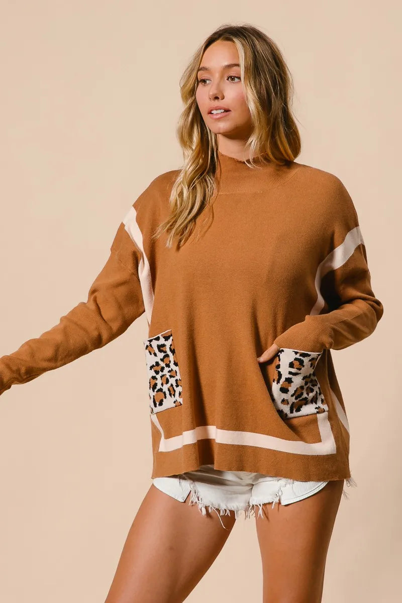 Kvinders Mock Neck Sweater med Leopard Lomme Rayon Nylon