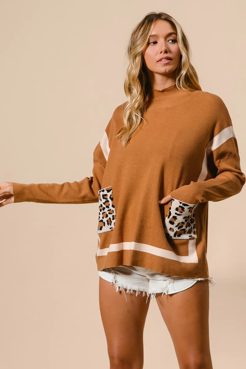Kvinders Mock Neck Sweater med Leopard Lomme Rayon Nylon