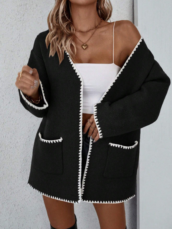 Kvinders Oversized Cardigan med Åben Front og Ribbet Trim