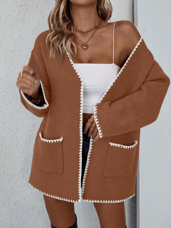 Kvinders Oversized Cardigan med Åben Front og Ribbet Trim