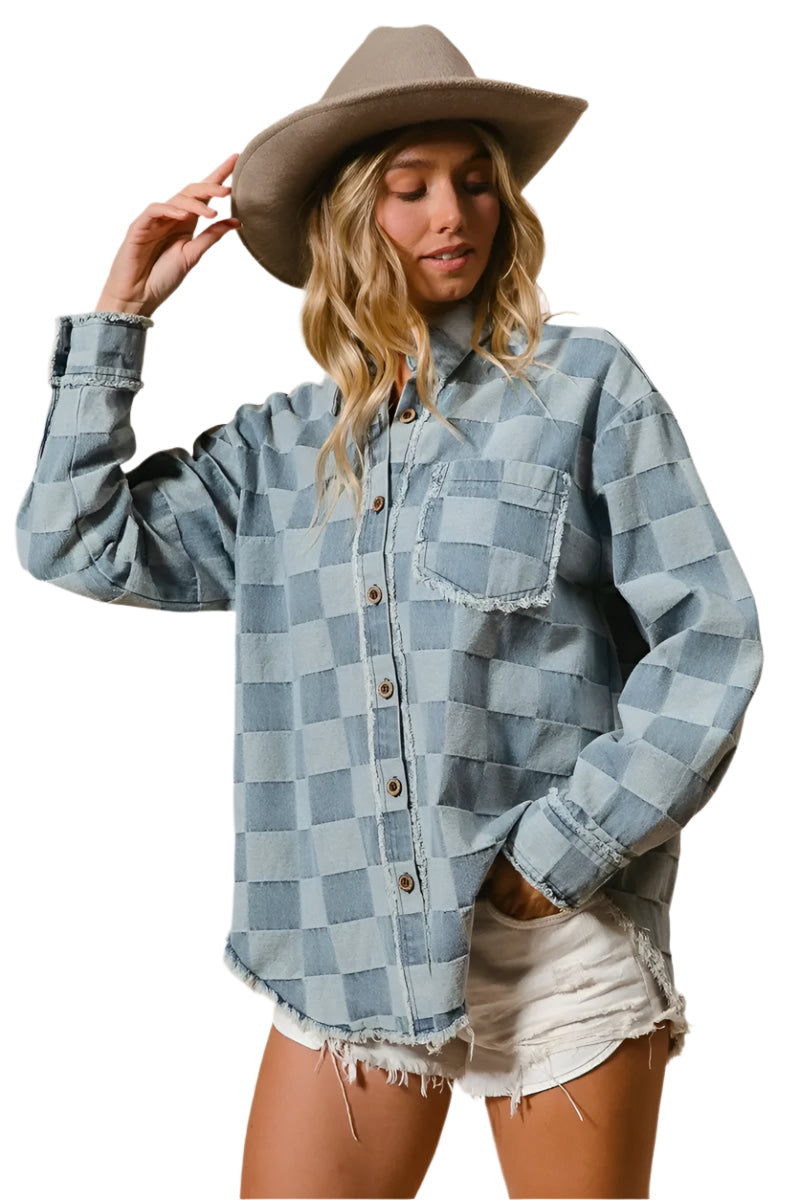 Kvinders Oversized Denim Skjorte Tjekket Bomuld Frayed Kant