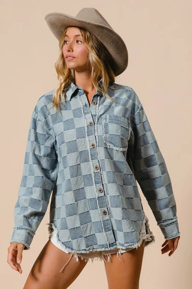 Kvinders Oversized Denim Skjorte Tjekket Bomuld Frayed Kant