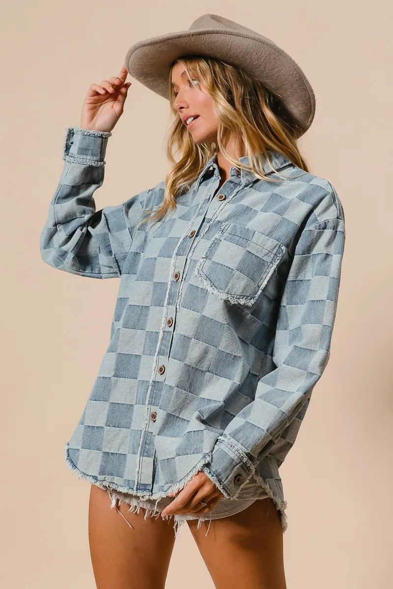 Kvinders Oversized Denim Skjorte Tjekket Bomuld Frayed Kant