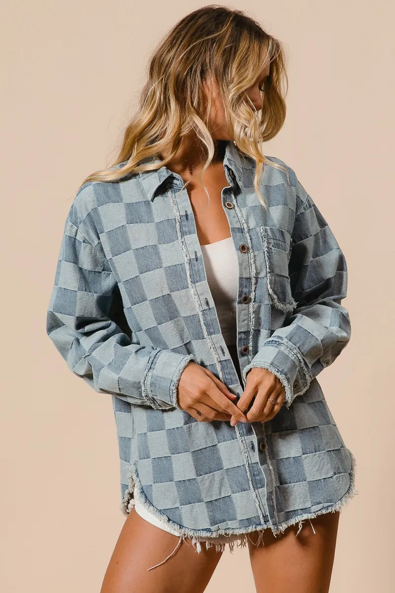 Kvinders Oversized Denim Skjorte Tjekket Bomuld Frayed Kant