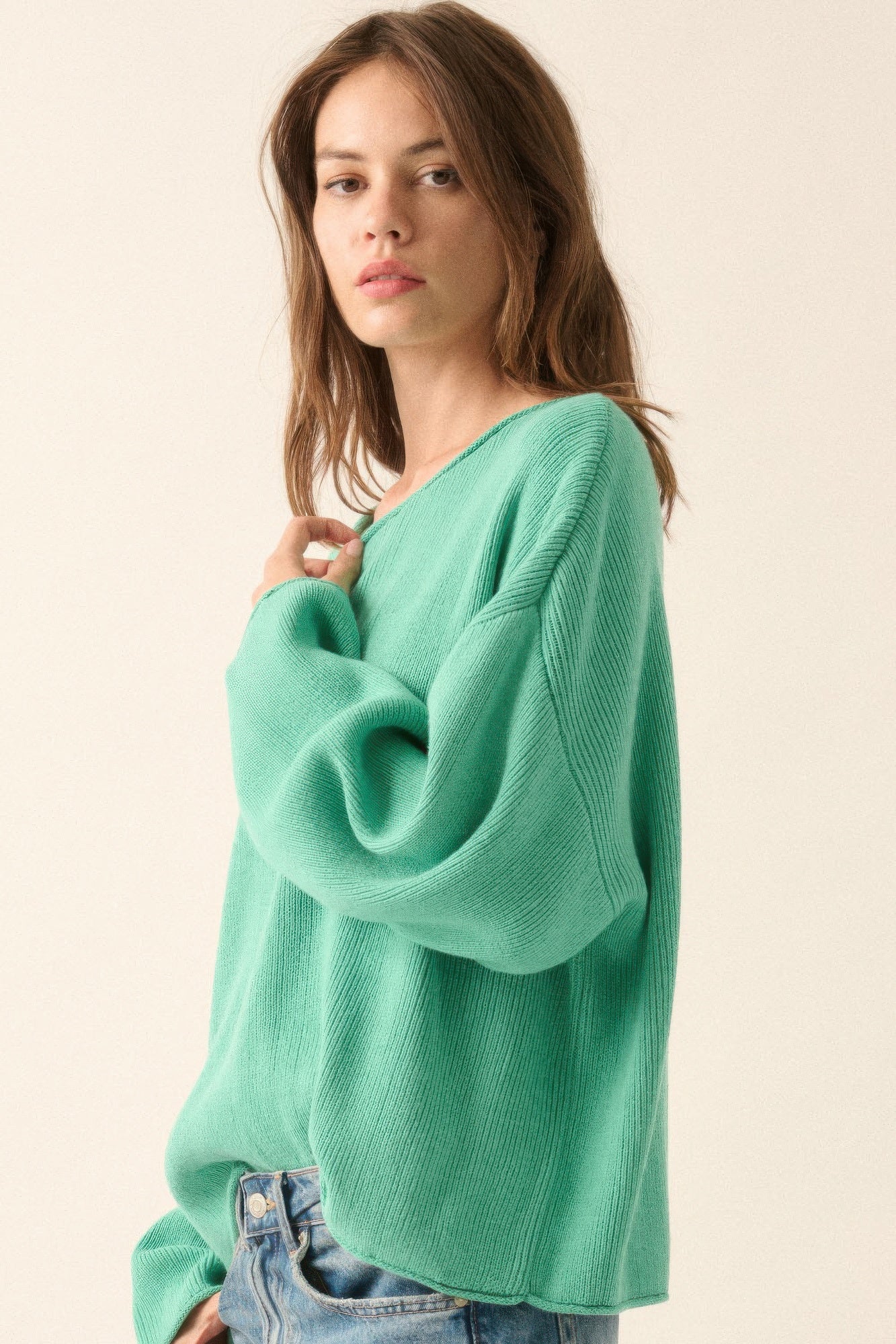 Kvinders Oversized Sweater Bådudskæring Blød Bomuldsblanding