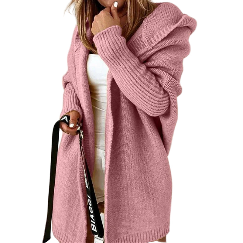 Kvinders Oversized Uld Cardigan med Hætte og Åben Front